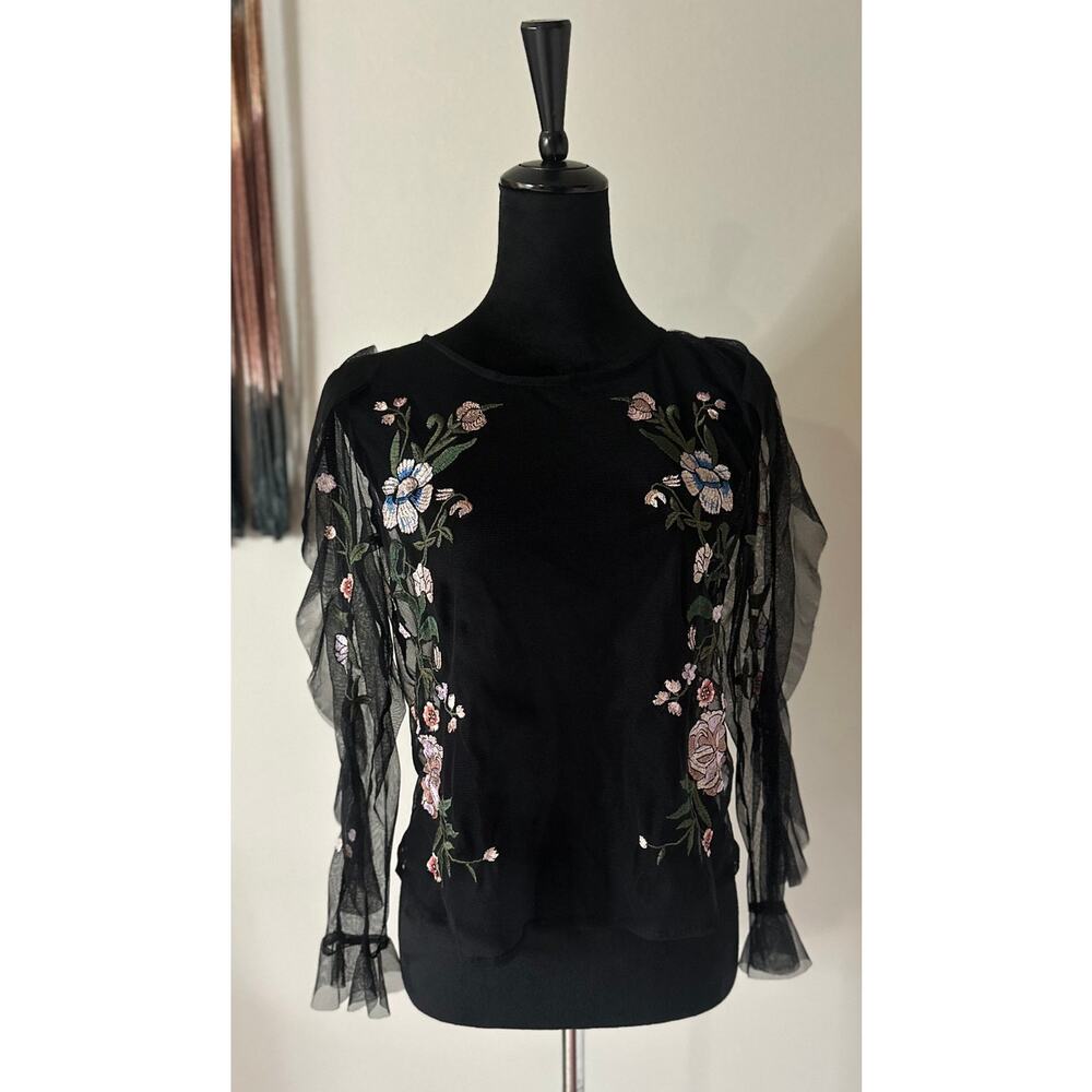 HONEY Sheer Embroidered Floral Ruffle Detail Long Sleeve Blouse Size S